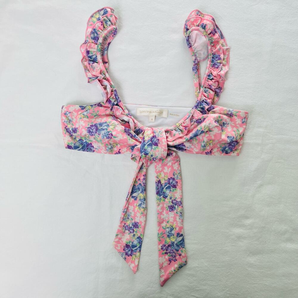 Love Shack Fancy Swim Palm Floral Ruffle Pink Bikini Top Sz Small Girly Coastal - Picture 2 of 12